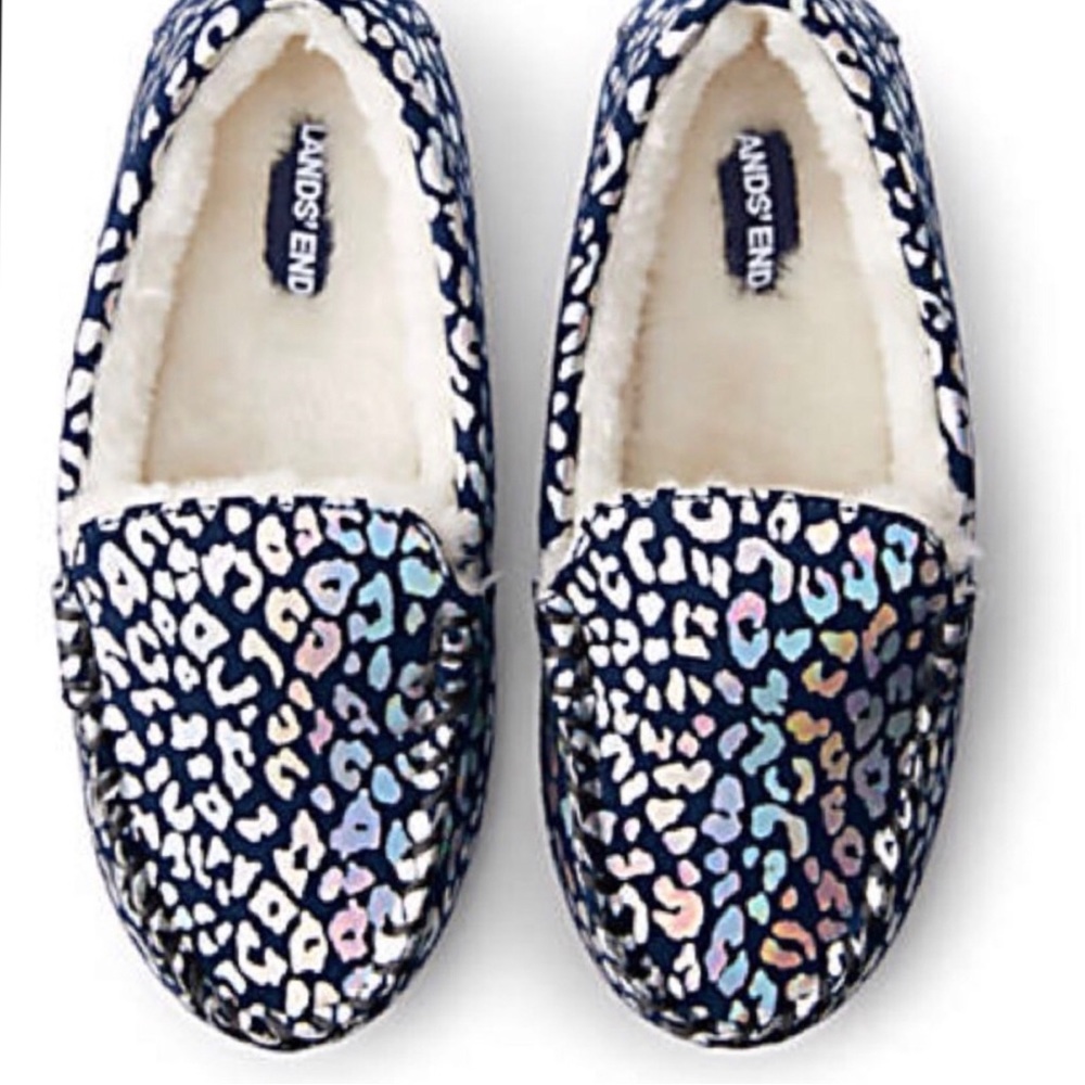 LANDS END Holographic Animal Print Faux Fur Rainbow  Slip On Moccasin Slippers